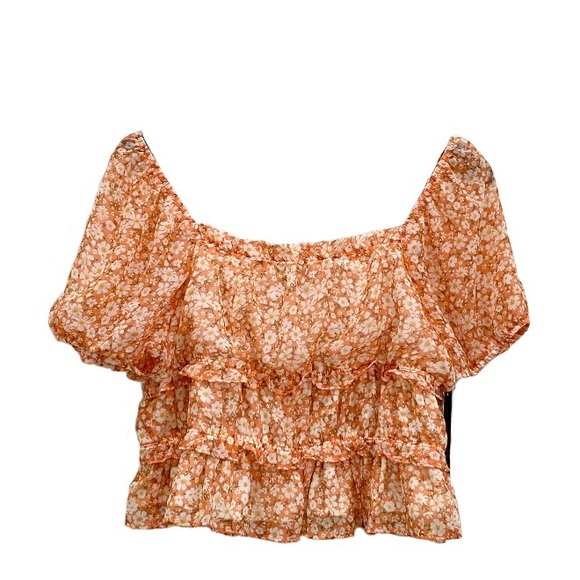 MOA MOA Peach Floral Chiffon Sheer Puff Sleeve Square Neck Crop Blouse Top XL - Picture 2 of 8